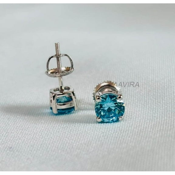 Solitaire Blue Topaz Stud Earrings, Minimalist Handmade Earrings, Screw Back Studs