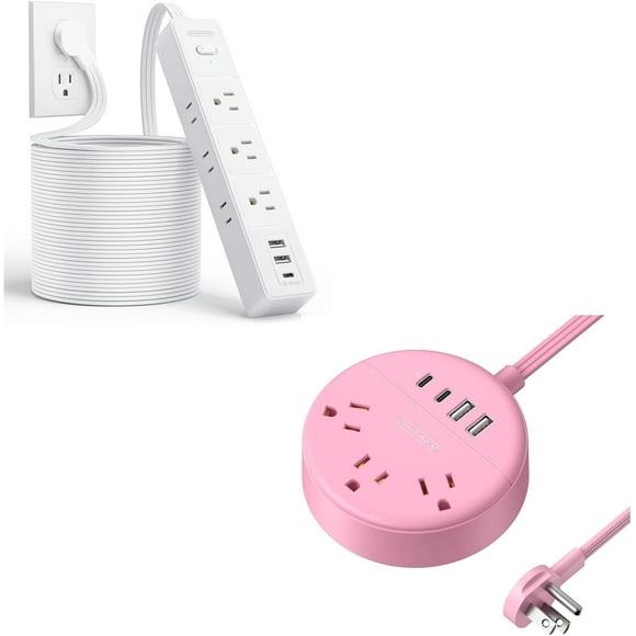 Flat Extension Cord 25ft, 1080J Surge Protector, 13A / 1625W Overload Protection, Ultra Thin Flat Plug Extension Cord + Pink Power Strip, 5ft Extension Cor