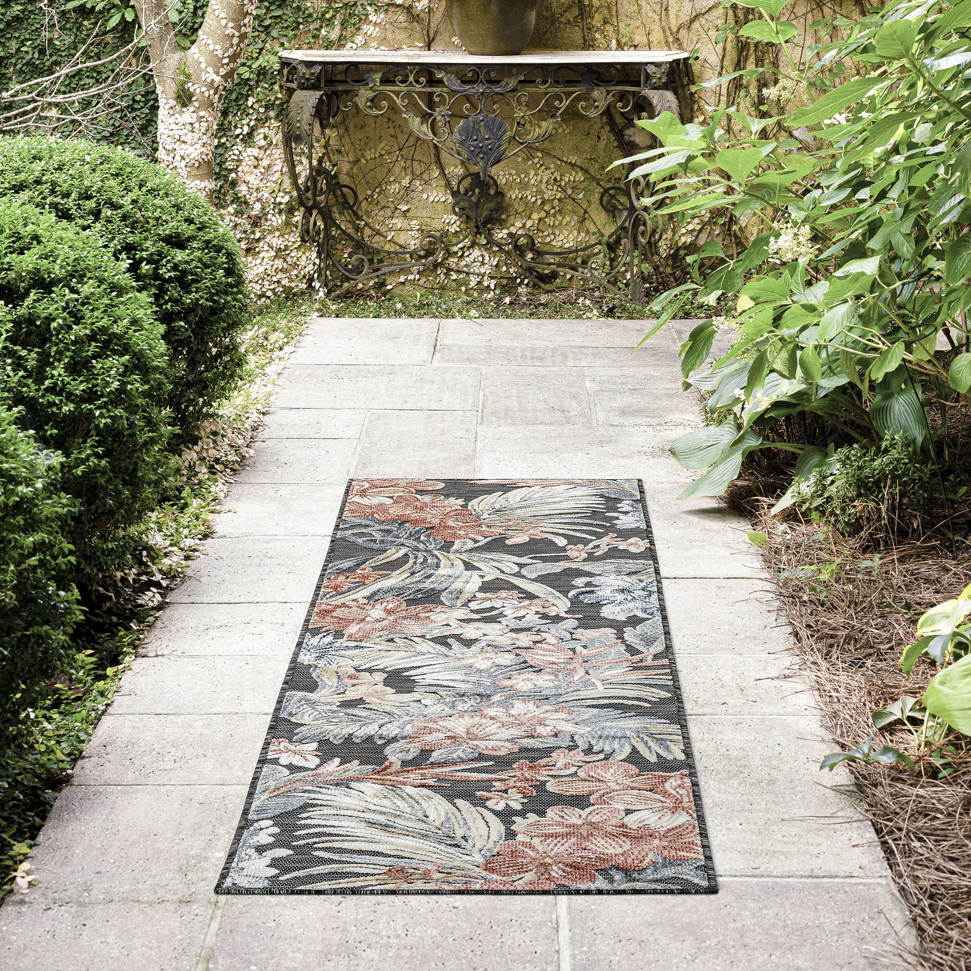 Bliss Rugs Floral Indoor Outdoor Rug Water Resistant Runner Rug for Patio, Hallway, Entryway, Deck, Black ,2' x 8'