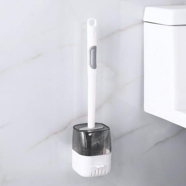 Escobilla de baño con soporte | Base de secado ventilada y cabezal de silicona | Cerdas de 360 grados para una limpieza profunda | Herramienta de limpieza para baño de pie, blanca o gris