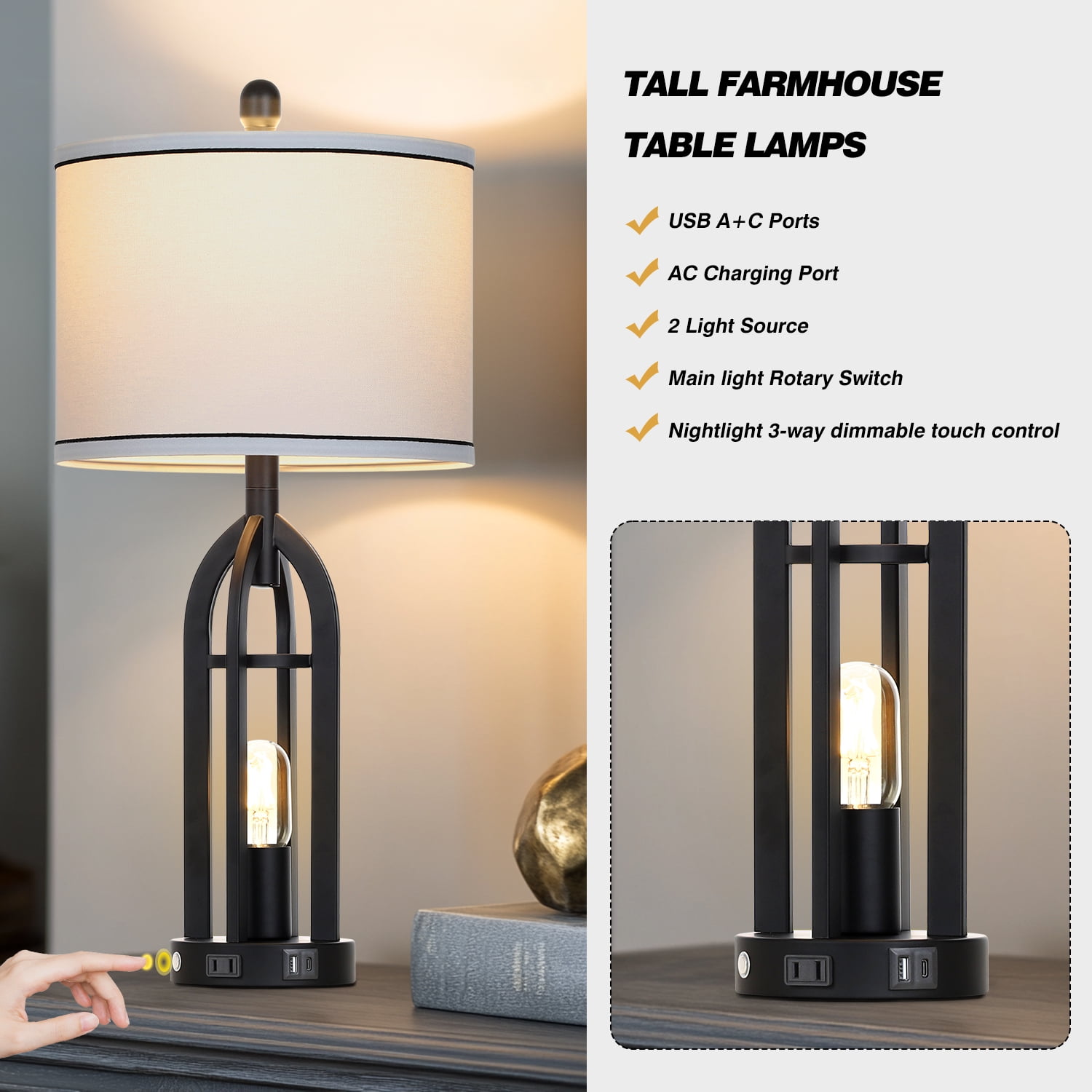 Cinkeda 3 Way Dimmable Single Table Lamp with AC Outlet USB A+C Charging Ports Touch Control Nightlight for Bedroom Living Room 27" Industrial Black Bedside Nightstand Lamps