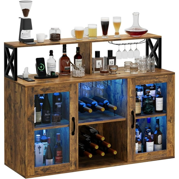 Garvee Bar Cabinet with Power Outlets, LED Lights & Glass Holder, Wine Cabinet with Storage & Racks, Modern Liquor Storage Cabinet for Home Bar, Kitchen