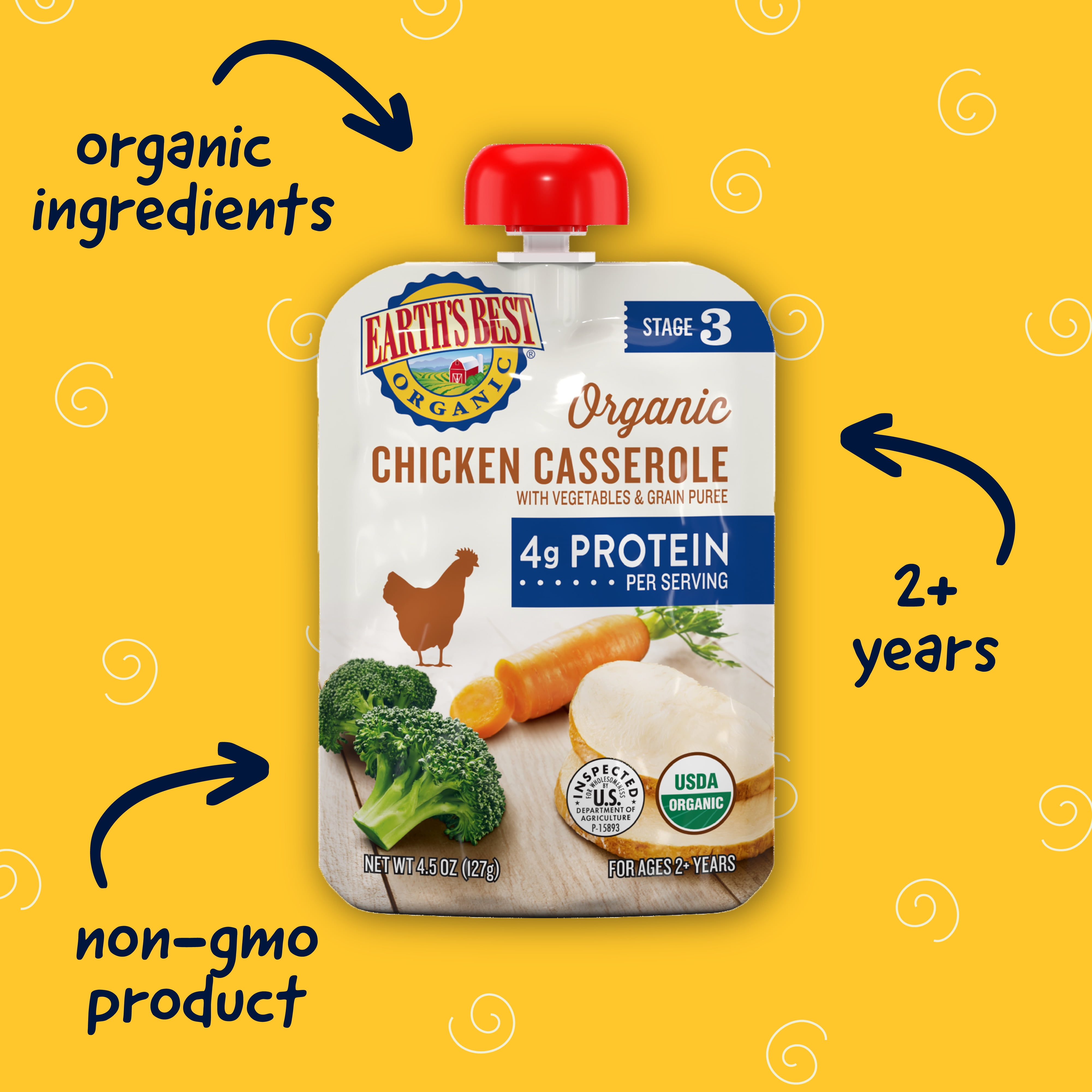 (12 pack) Earth's Best Organic Stage 3 Baby Food, Chicken Casserole with Vegetables & Grain, 4.5 oz Pouch