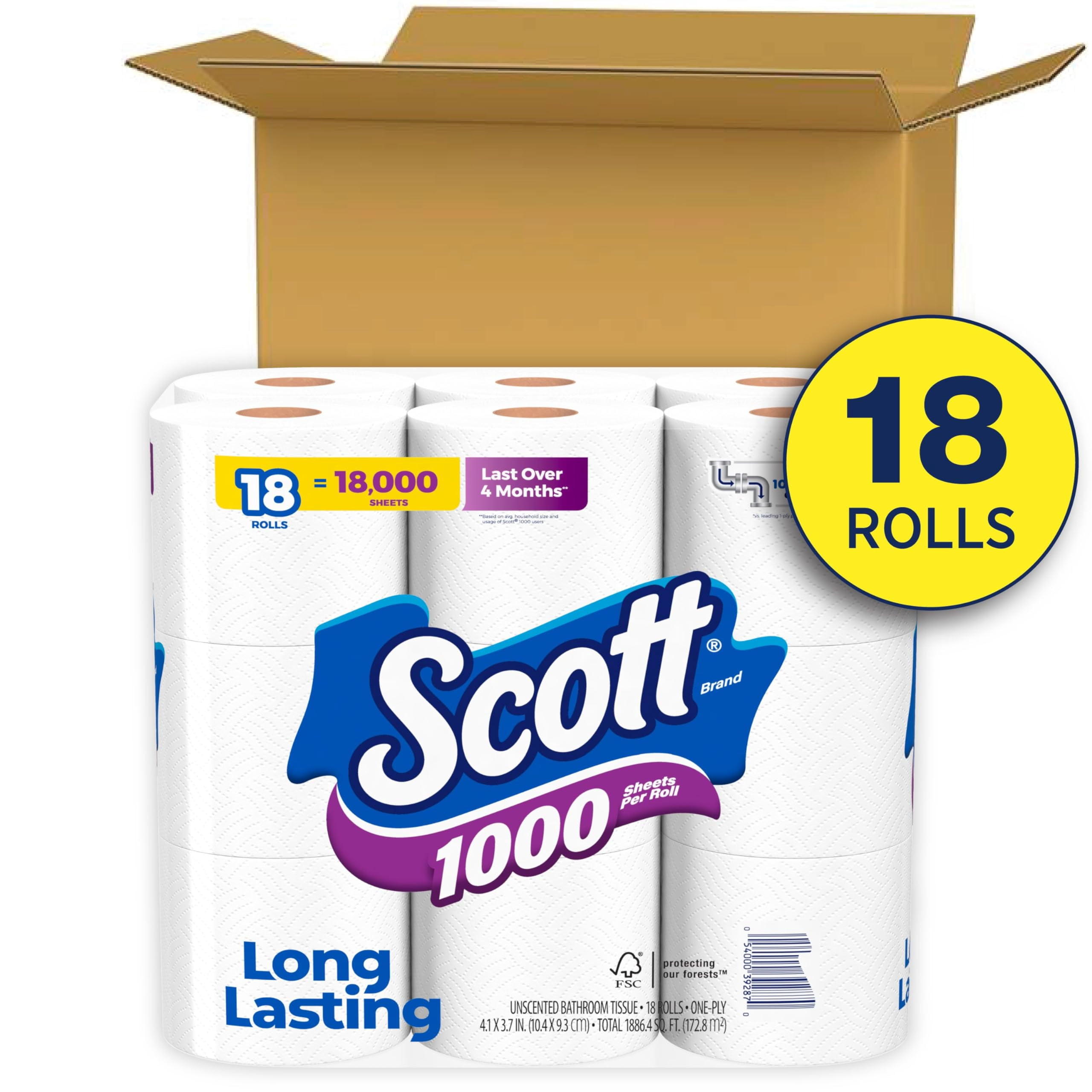 Scott 1000 Toilet Paper, YPF5&nbsp;18 Rolls, Septic-Safe, 1-Ply Toilet Tissue