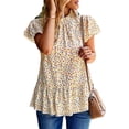 thumbnail image 1 of Camiseta con estampado floral Cuello redondo Cuello plisado Manga corta con volantes Camiseta elegante informal, 1 of 6