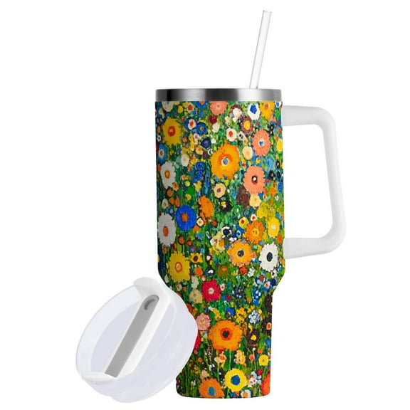 Yayeee 30oz Double-Wall Insulated Stainless Steel Tumbler with Handle Bottle, Green Floral Garden