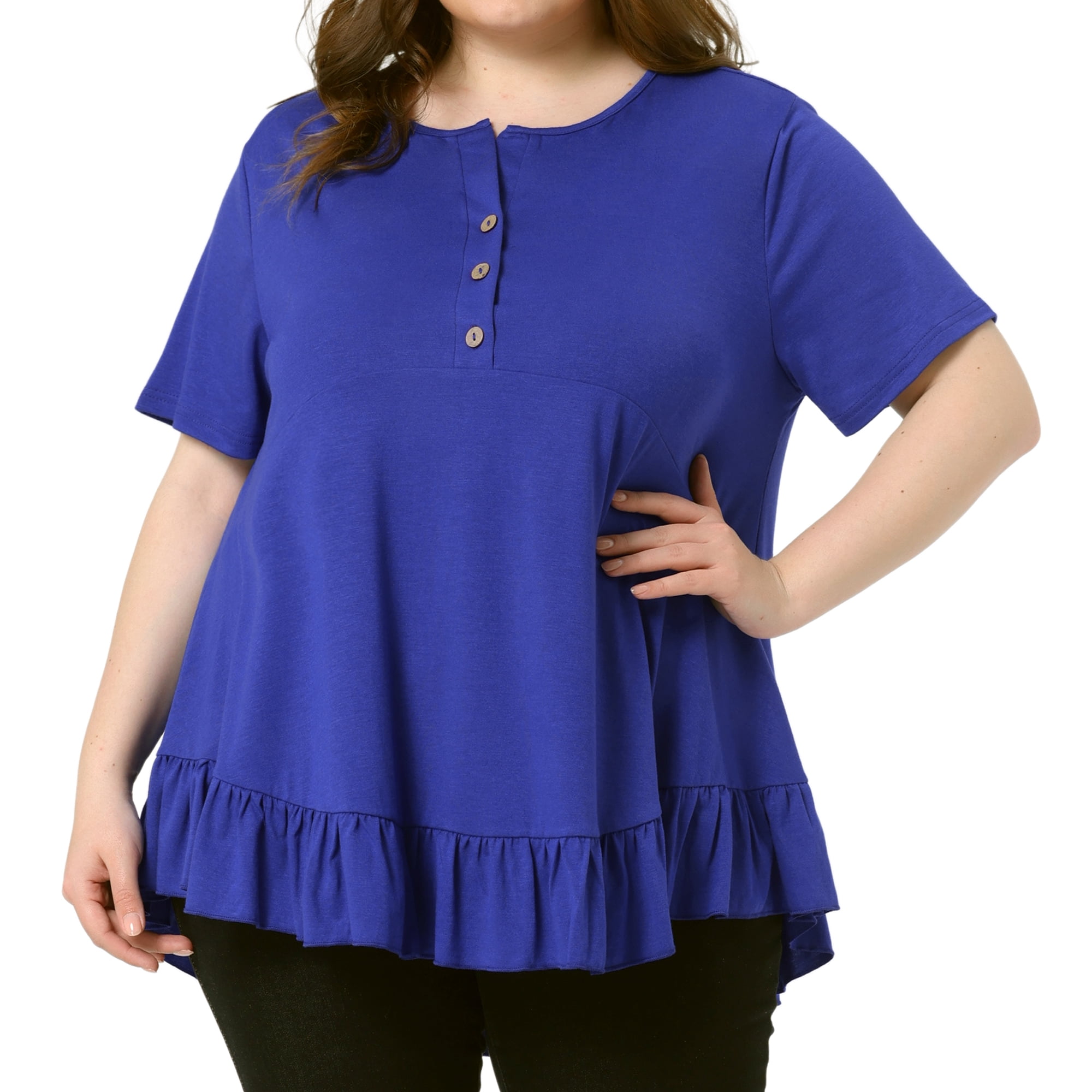 Women's Plus T Shirts Henley V Neck Button Up Short Sleeve Ruffled Hem Blouses Tops 1X Royal Blue