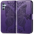 thumbnail image 2 of Samsung Galaxy A54 5G Leather Wallet Case, B Purple, Flip, Embossed Floral Butterfly, 3 Card Slots, Wrist Strap, Magnetic Clasp, Wireless Charging Friendly, 2 of 7