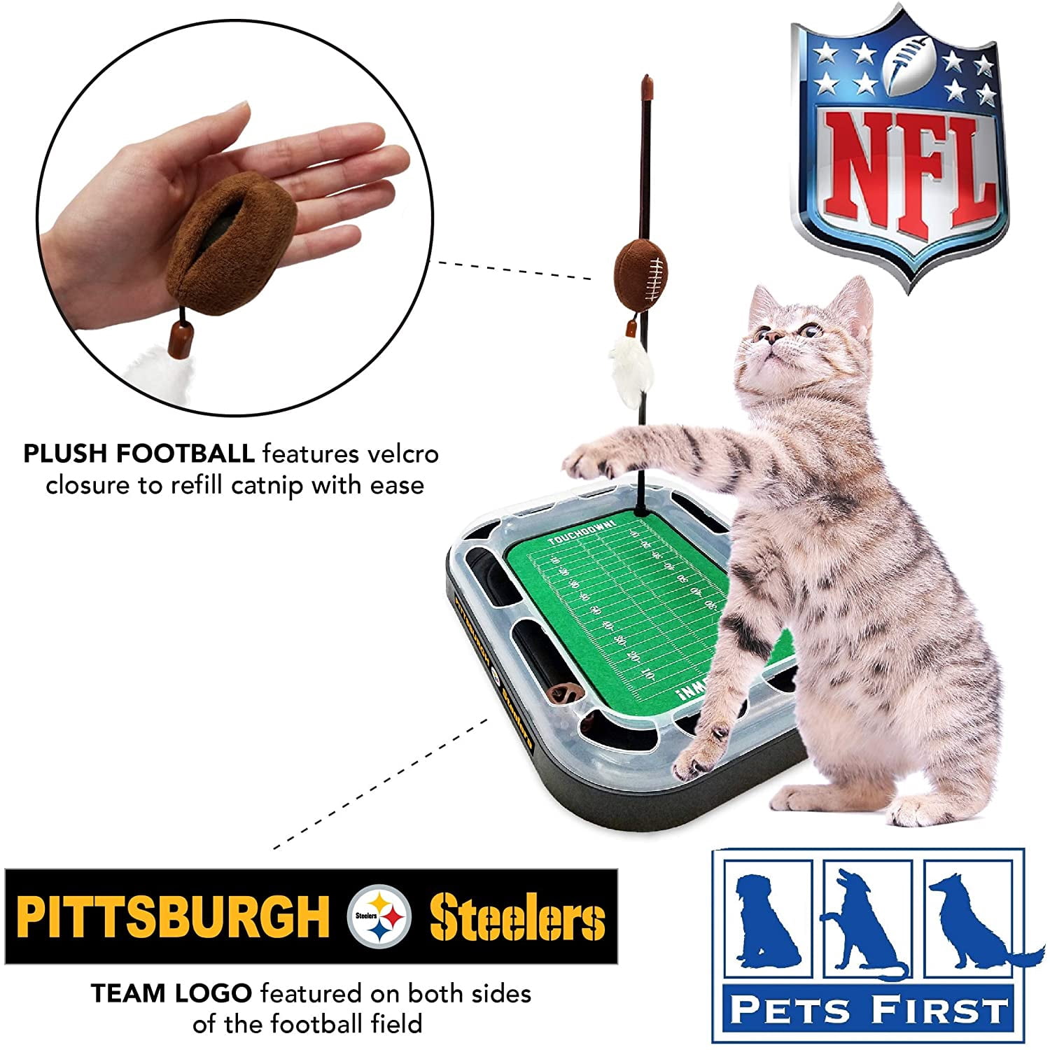 NFL Pittsburgh Steelers CAT Scratcher Toy with Catnip Plush & Feather Cat and Kitty Toy