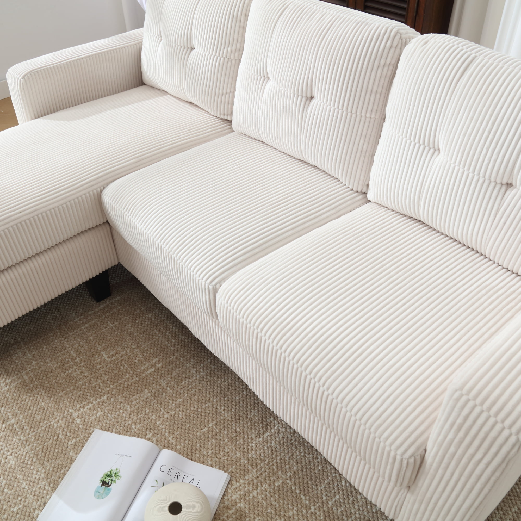 Convertible Sectional Sofa with Movable Ottoman,L Shaped Couch Sofa with Reversible Chaise,Modern Velvet 3 Seater Sofa Sectional Couch for Living Room,Beige