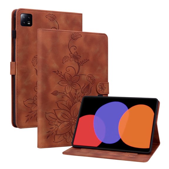 XYX for Xiaomi Pad 6 Case, PU Leather Slim Folio with Multi-Angle Stand for Xiaomi Pad 6 Pro 11.0 inch - Brown Lily Flower