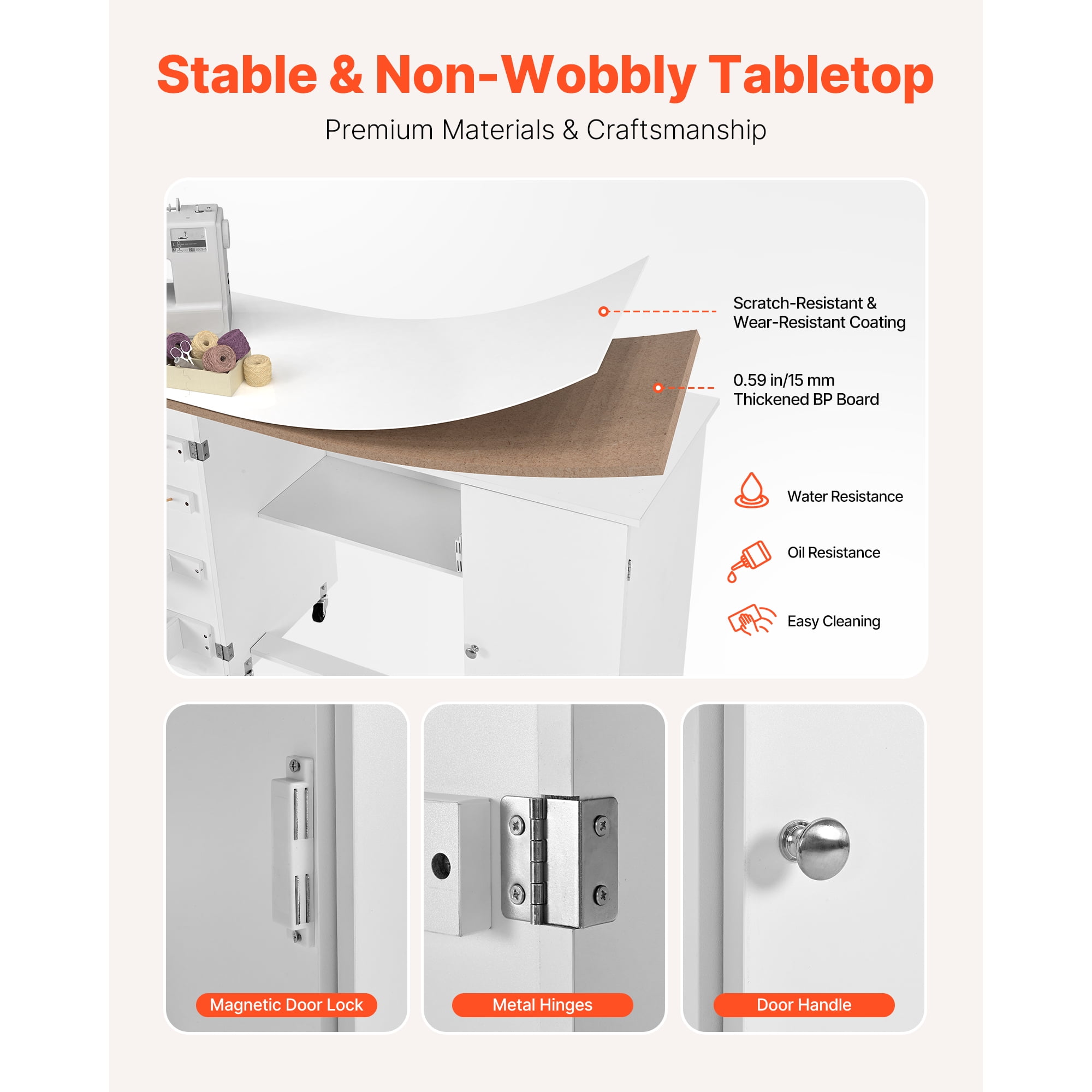 KFFKFF Folding Sewing Table with Cabinet, Versatile Sewing Machine Table Featuring Compact Design, Wheels, Wooden Pegs, Storage Compartments, Magnetic Door, Craft Workspace