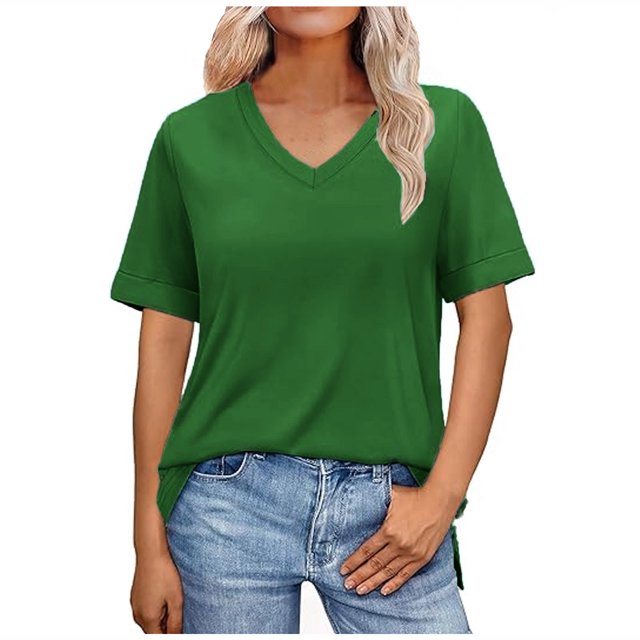 Womens Short Sleeve T Shirts Loose Fit V-Neck Summer Casual Basic Tee Solid Color Business Work Trendy Tops