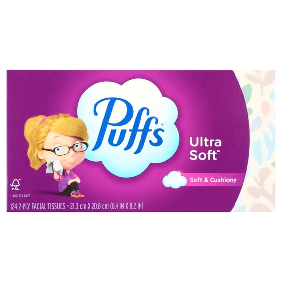 Puffs Ultra Soft Facial Tissues, 8 Family Size Box, 124 Facial Tissues per Box