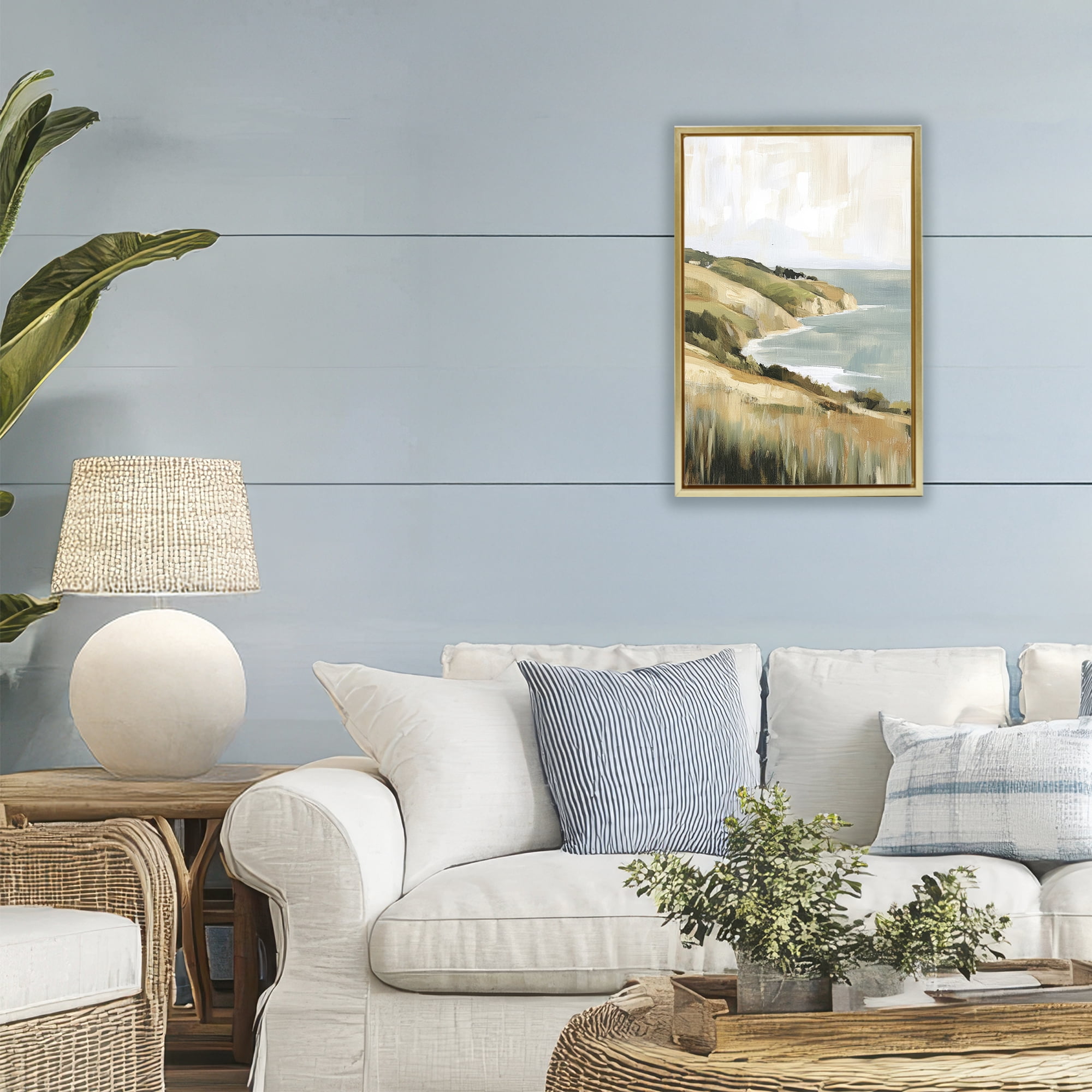 Stupell Industries Serene Cliff Coast Landscape Gold Framed Floater Canvas Wall Art, design by Petal Prints Design
