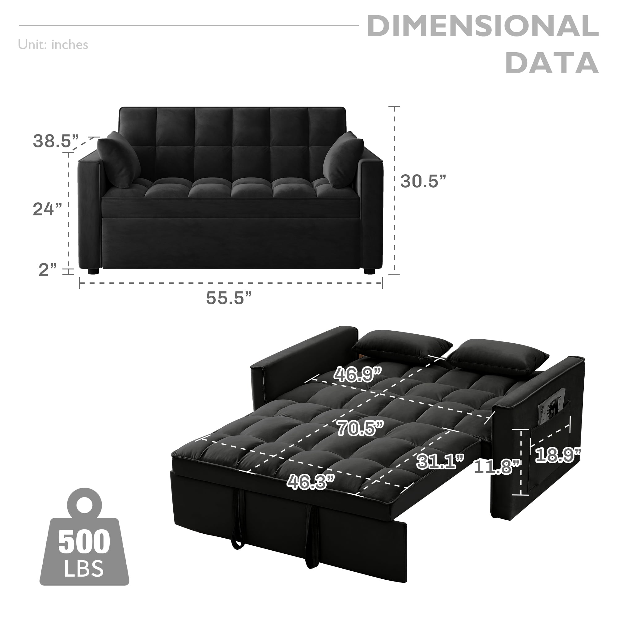 AENKYO Convertible Pull-Out Loveseat Sleeper Sofa Bed for Living Room, Modern Upholstered Futon in Black