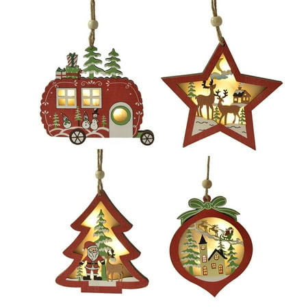 

DIYOO 4pcs Christmas Series Wooden Glow Hanging Pendants Christmas Luminous Ornament Battery Operated for Christmas Tree Door Window Wall and More