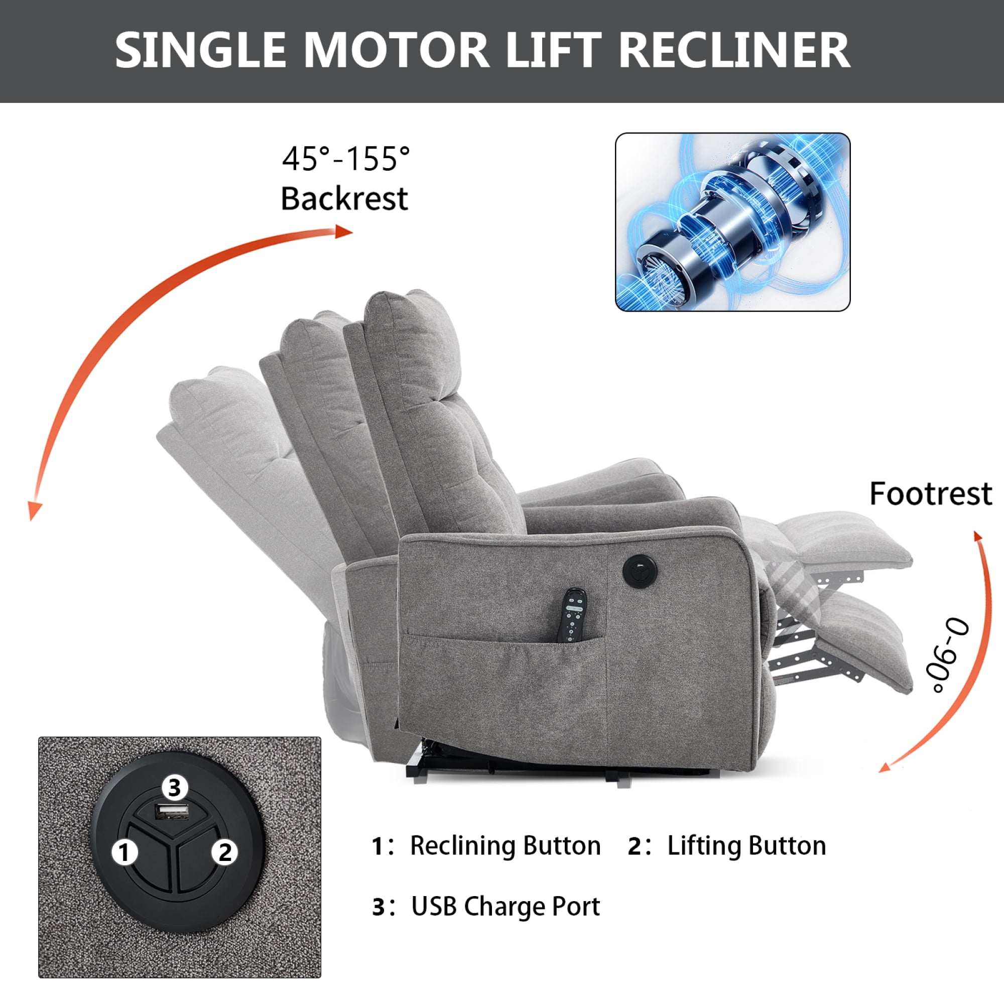 Leumius Power Lift Recliner Chair with Massage and Heat for Elderly,Heavy Duty Electric Reclining Chair with Side Pockets,USB Charge Port for Living Room,Light Gray+Chenille