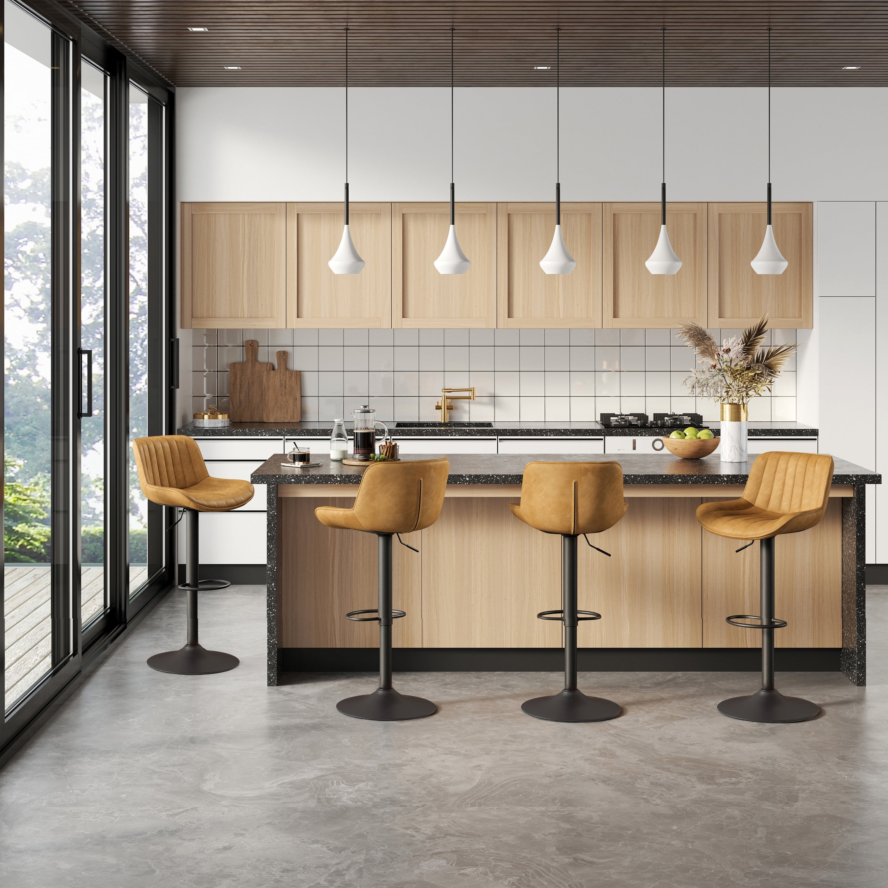 Art Leon Rustic Bar Stools Set of 2, Faux Leather with Backrest Chrome Legs, Upholstered Swivel Kitchen Stools, Yellow