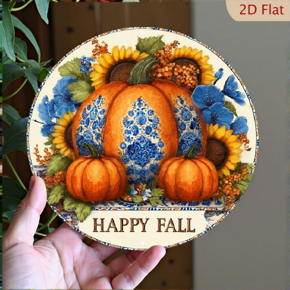 Happy Fall Pumpkin Aluminum Metal Sign - 8x8 Inch Round Wall Decor for Home, Farmhouse, Porch Bedroom - Vintage Seasonal Art with Blue White Floral Patterns, Perfect Holiday Gift, Outdoor Decor