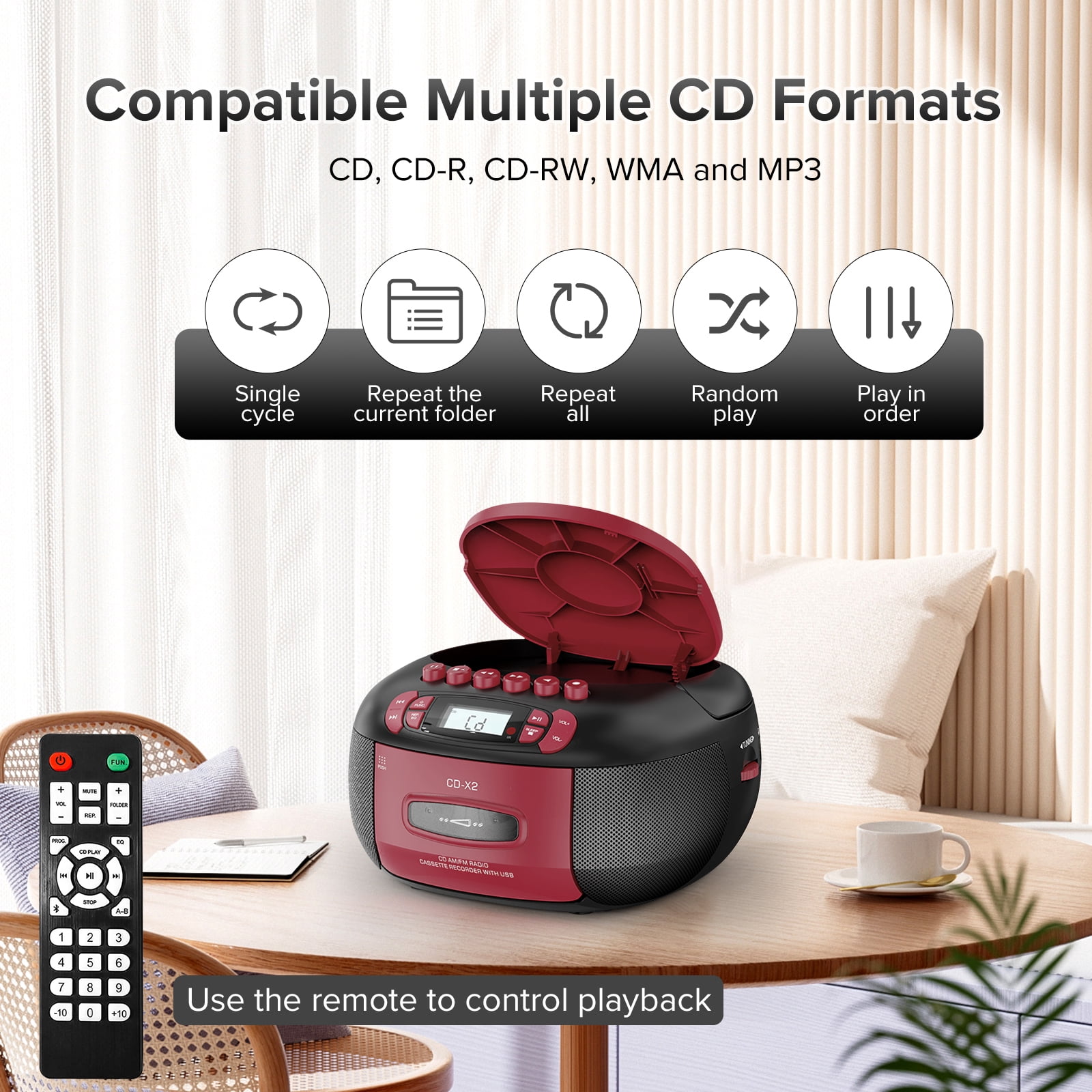 Boombox CD Cassette Player Combo, Boom Box and AM FM Radio with Bluetooth for Home & Outdoor, Stereo Sound with Remote Control