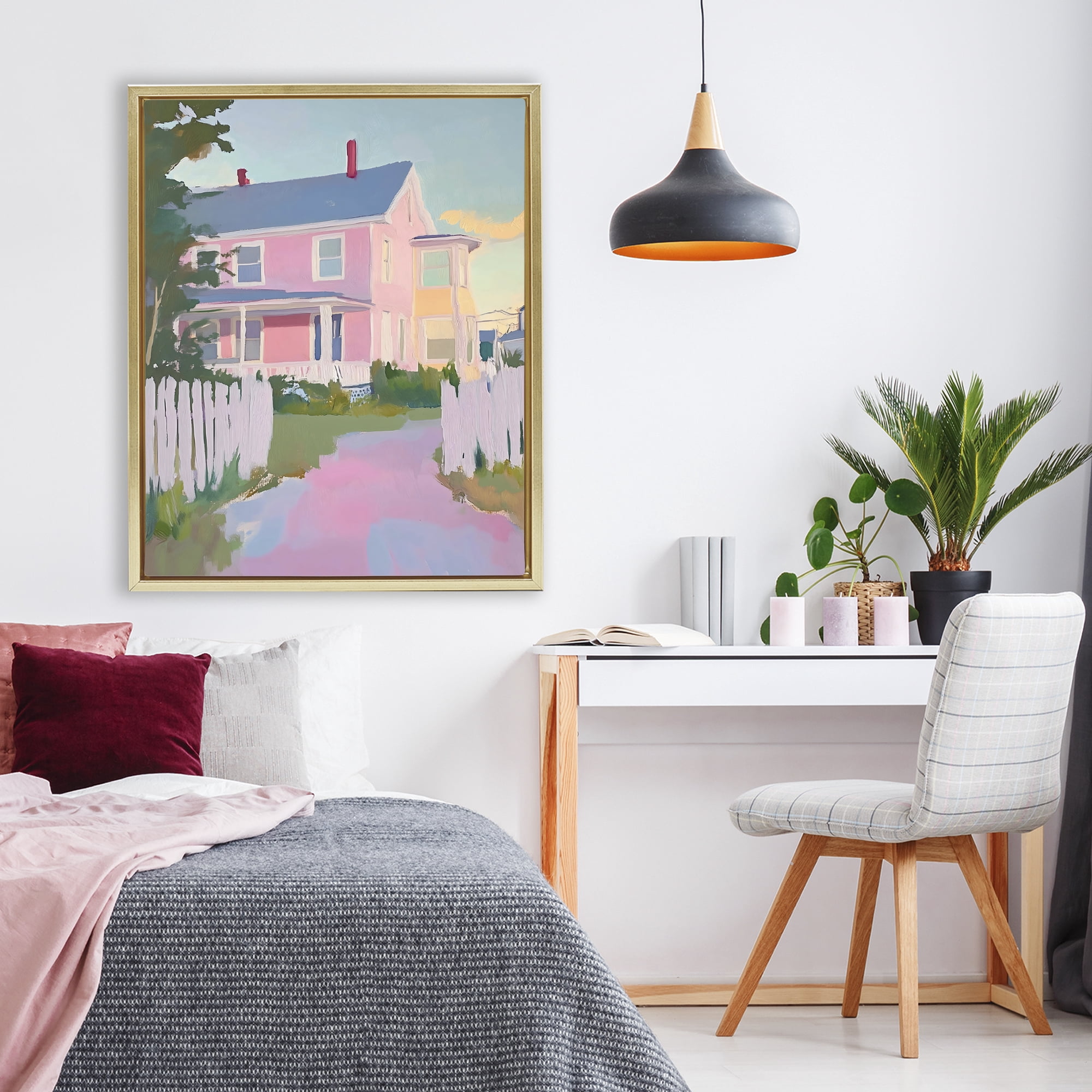 Stupell Industries Pastel Pink House with Fence Gold Framed Floater Canvas Wall Art, design by The Prints Vibe