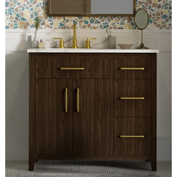 Warner 36" Single Bathroom Vanity Set, 37" W x 22" D x 34.5" H, Columbia White Marble Top with Sink & Backsplash, Dark Brown, Solid Wood, Pre-Assembled, Soft-Closing Drawers & Doors