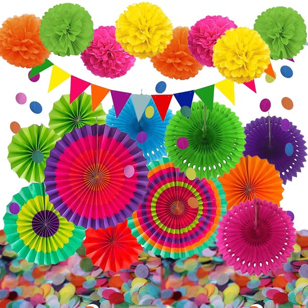 Juego de decoración de fiesta de 22 paquetes con abanicos de papel colgantes, flores de pompones, banderines triangulares, guirnaldas, lunares y confeti de papel para nacimiento