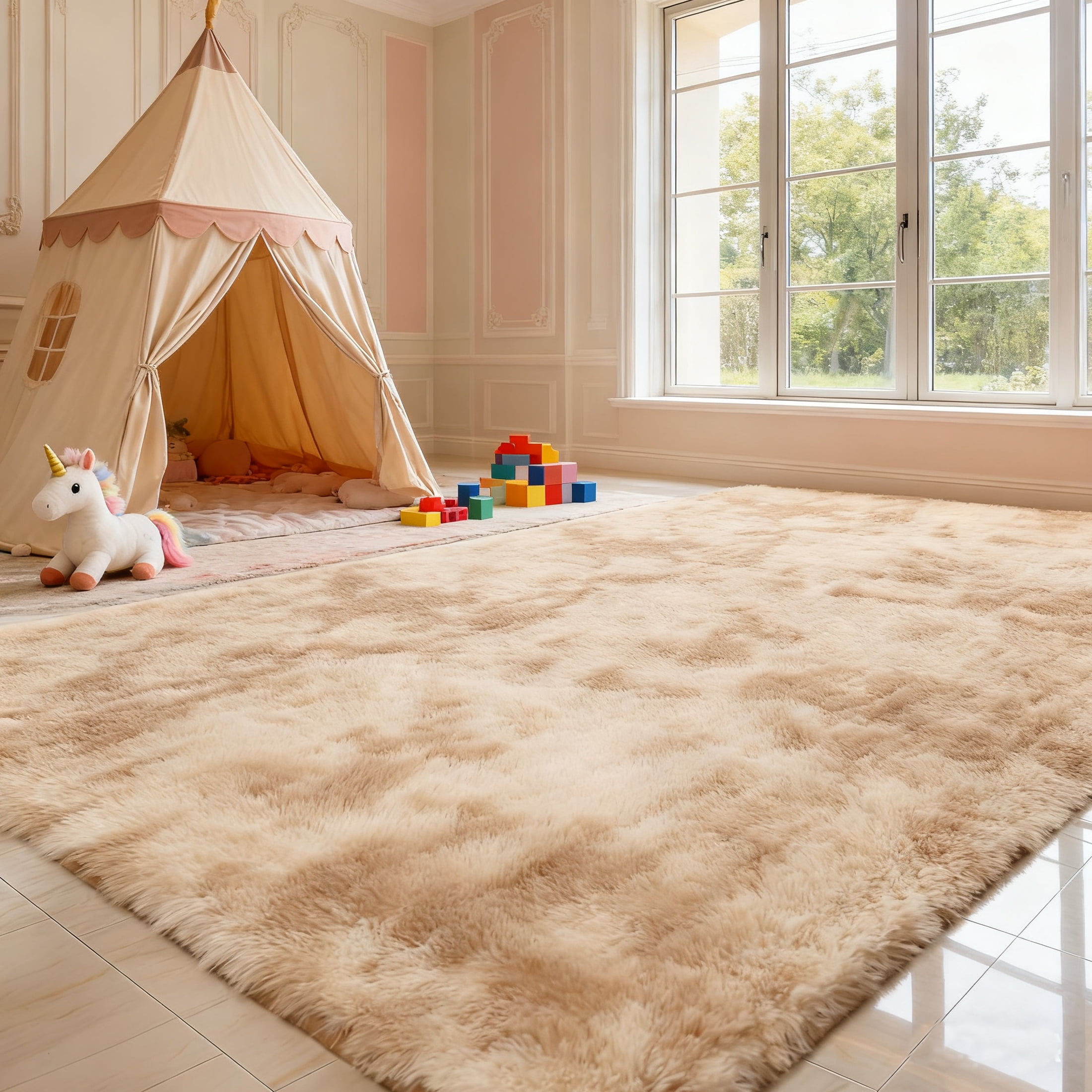 Area Rugs for Livingroom Bedroom, 9' x 12' Soft Fluffy Shag Indoor Floor Carpet for Living Room Bedroom Dining Room Office Home Decor, Tie-dye Beige