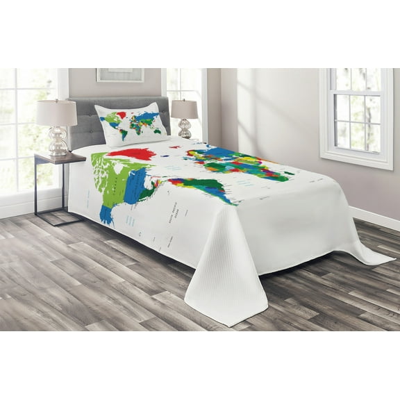 Ambesonne World Map Quilted Coverlet 2 Pcs, Colorful Political, Twin Size, Multicolor
