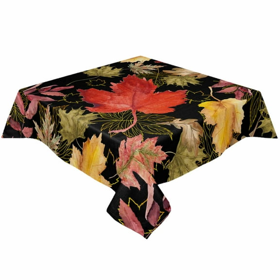 Fall Maple Leaf Square/Round Tablecloths 52x52,Orange Brown Sage Green Botanical Leaves Black Table Cloth Table Cover Indoor/Outdoor Tabletop Decor for Wedding Holiday Party Dinner Baby Shower