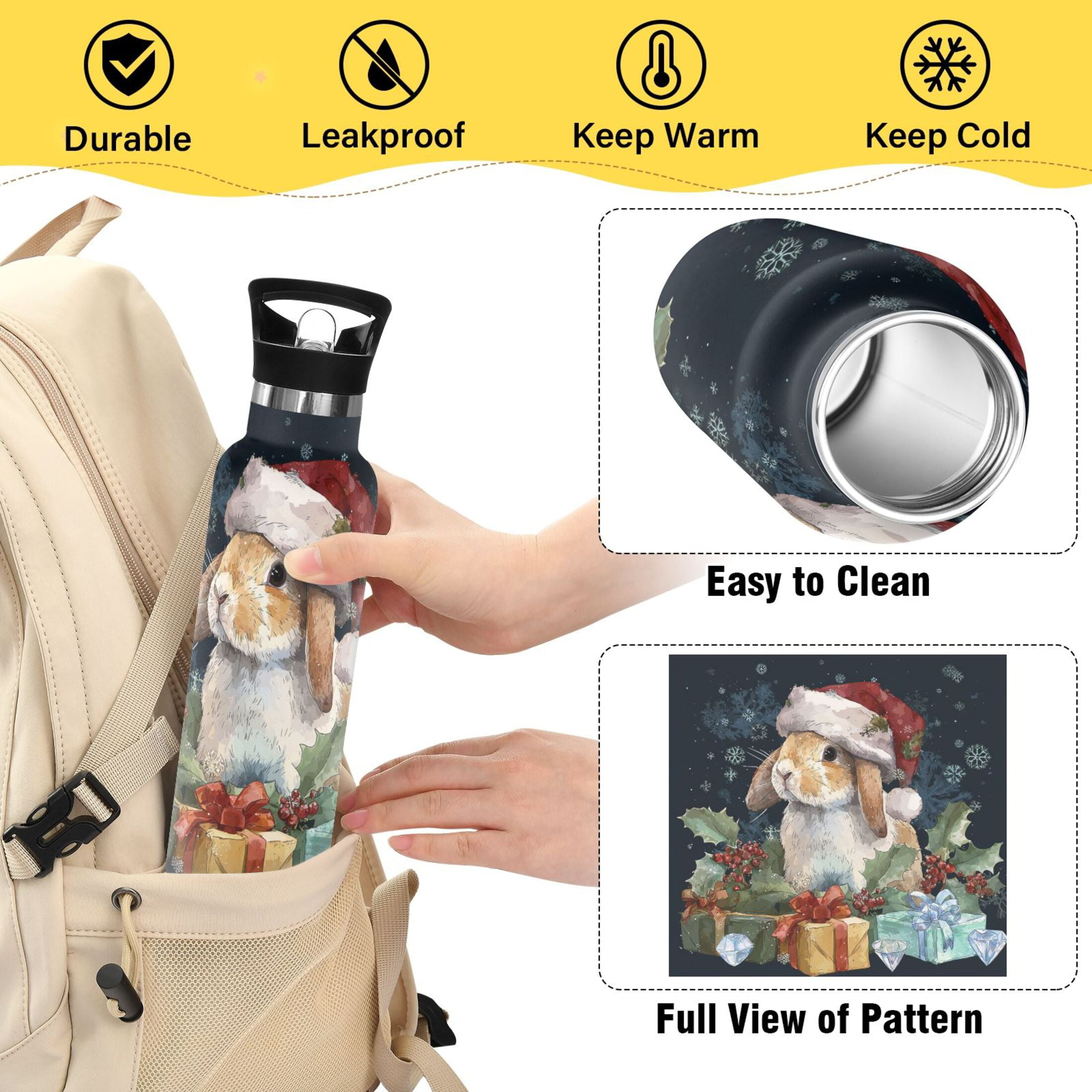 600ML Stainless Steel Insulated Cup Sports Water Bottle Portable Thermos Cup Water Glasses Insulated Tumblers Convenient and Durable Warm Christmas Orange Rabbit