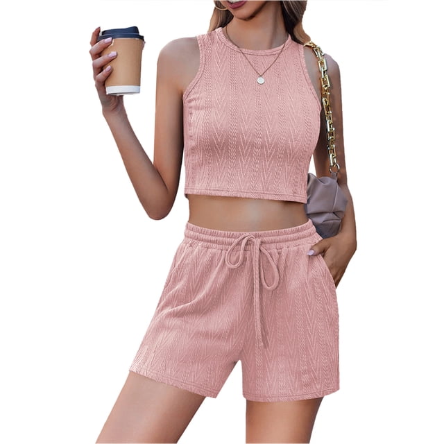 Diconna Ensemble de Shorts pour Femmes, Débardeur Sans Manches à Col Rond avec Shorts Unis Tenue d'Été pour Quotidien Fête