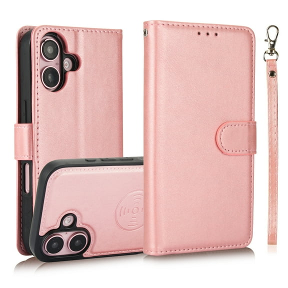 Wallet Case for iPhone 16, 2 In 1 PU Leather Flip Phone Case with Detachable Magnetic TPU Inner, Kickstand Phone Cover with Card Slots & Wrist Strap for iPhone 16, Rosegold
