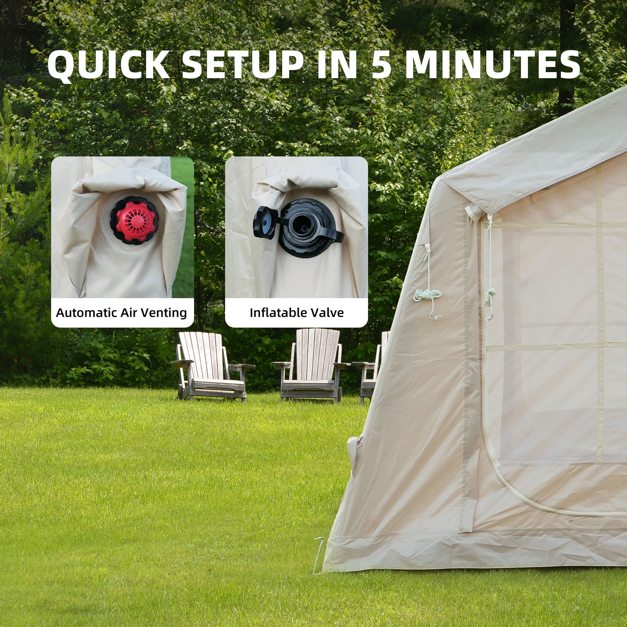 Inflatable Camping Tent with Stove Jack & AC Port, 8m² 4 Season Blow Up Tent for 4-6 Person, Waterproof Air Glamping Shelter for Hot Tent Camping, Beige