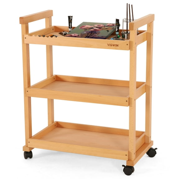 VISWIN 37"H Art Cart Storage Organizer 3-Tier with Caster Wheels-Natural