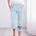 thumbnail image 2 of Cotton Linen Capris Women Elastic Waist Drawstring Capri Sweatpant Pockets American Flag Print Casual Summer Crop Pant (Medium, Blue), 2 of 3
