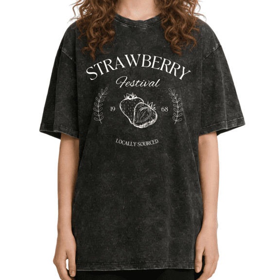 Women's Vintage Strawberry Festival Locally Sourced Graphic Comfortable Crew Neck Washed T Shirt Black S-2XL Plus Size