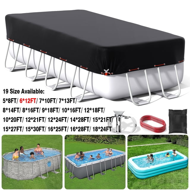 SHELTUSE 6x12FT Rectangular Pool Cover for Above Ground Pool, Solar Oval Pool Cover Protection with Steel Rope, Ideal for Rectangular/Oval Frame Pool Waterproof & UV-Resistant, Black