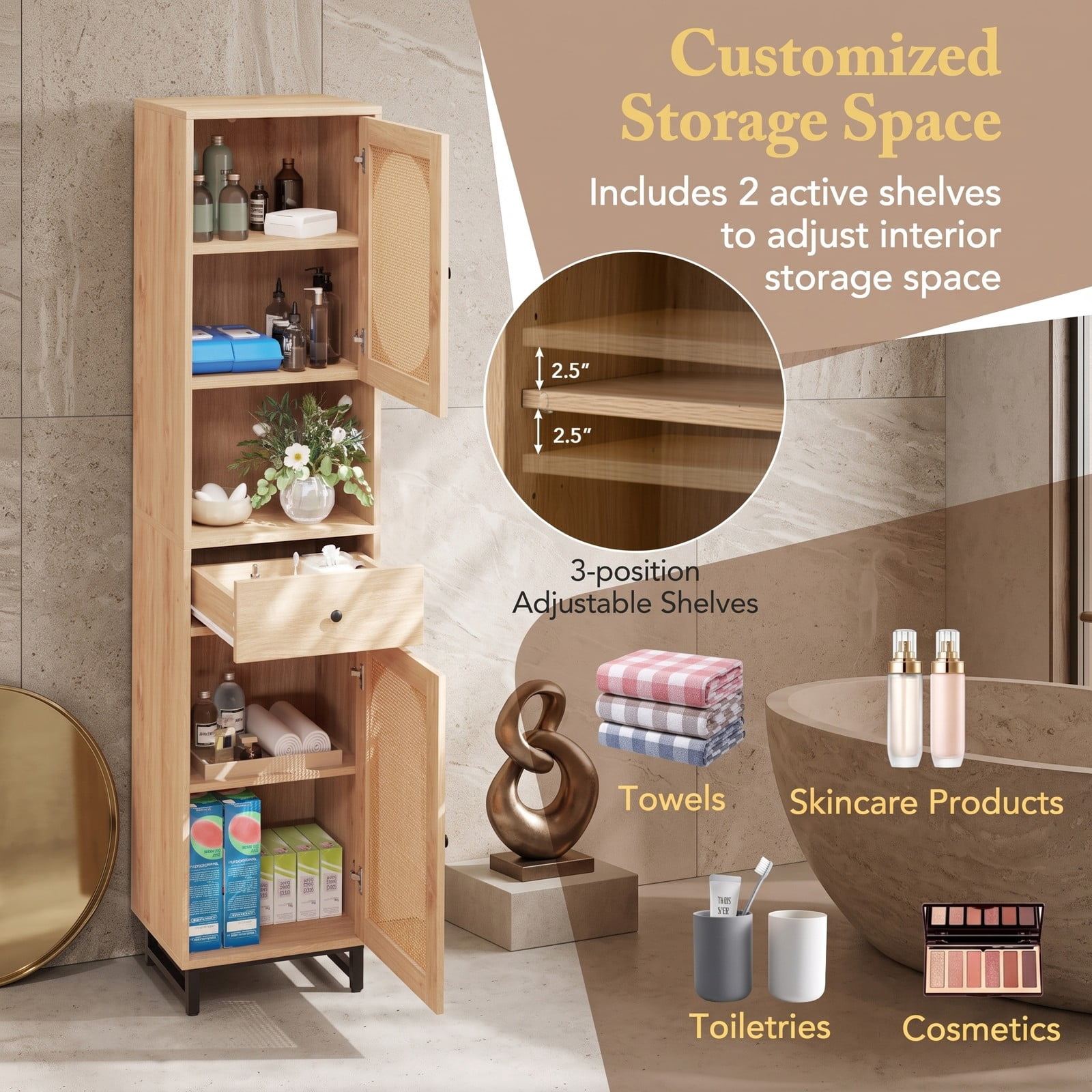 ALPULON 67 Inch Tall Bathroom Cabinet, PE Rattan Freestanding Floor Storage Cabinet with 2 Doors, 1 Drawer and Adjustable Shelves for Bathroom Living Room, Natural