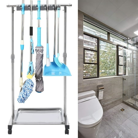 

Miumaeov Movable Broom Mop Holder Hanger Cleaning Tool Organizer Rack Cart 5 Slots 6 Hook