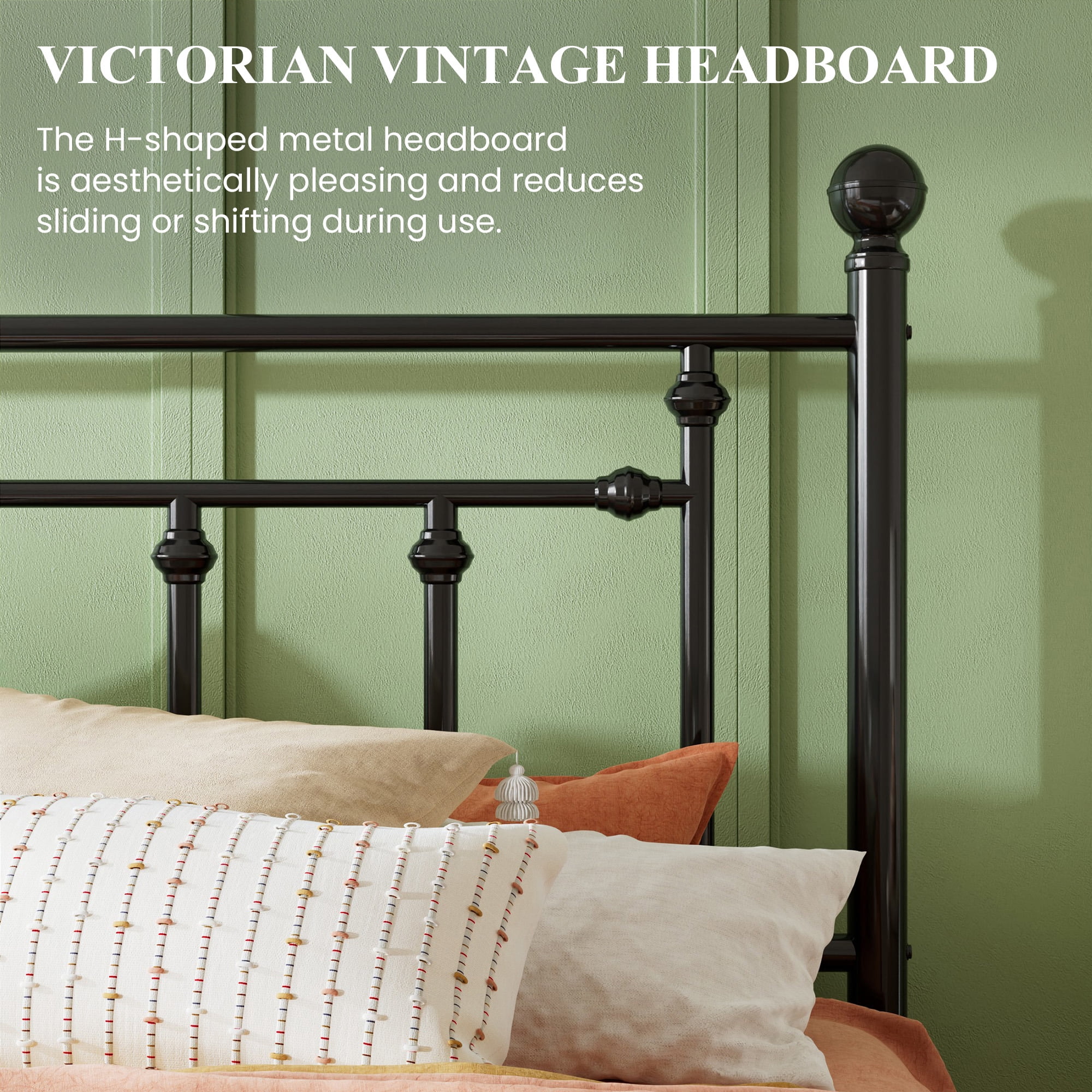 Sha Cerlin Black King Size Metal Platform Bed Frame with Victorian Vintage Headboard & Footboard