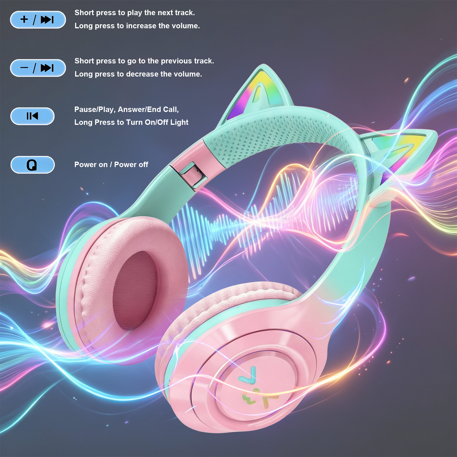 Rirool Cat Ear Bluetooth Headphones with LED Lights, Kids & Adults photo 6