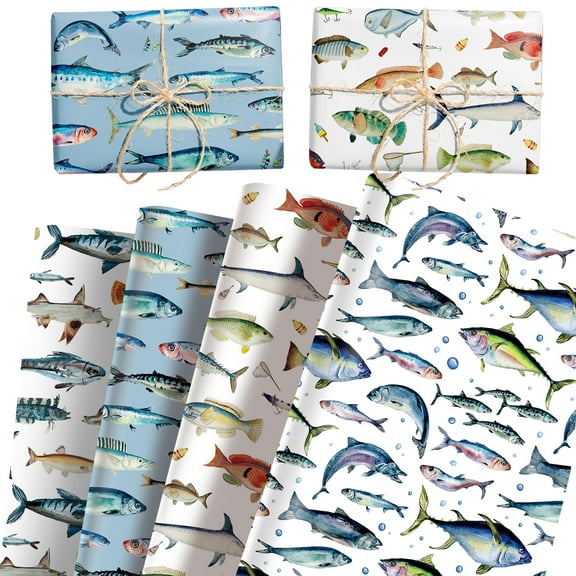 Fishing Theme Wrapping Paper - Watercolor Fish & Tackle Designs 12-Pack for Outdoor Party Decor & Gifts