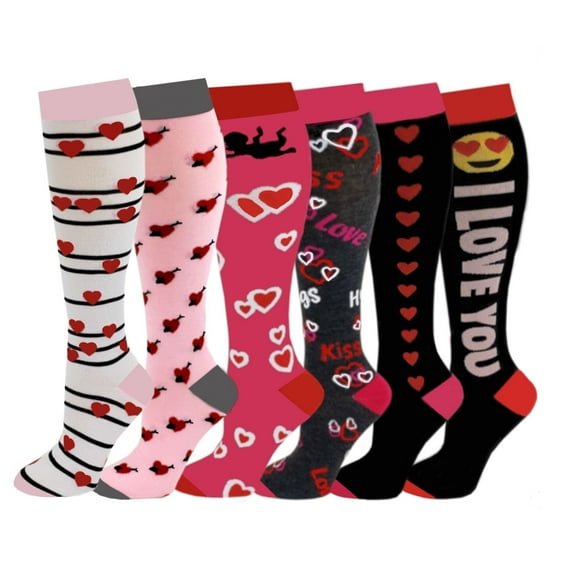 Sumona 6 Pairs Women's Novelty Valentines Day Kiss, Hugs, I Love You, Cupid Knee High Socks One Size Fits All