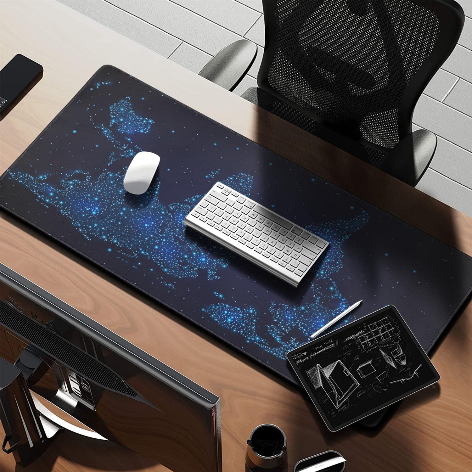 Stars World map Extended Gaming Mouse Pad (35.4x15.7 in) Large Non-Slip Rubber Base Computer mat for Desk with Stitched Edges Full Desk Mousepad XXXL