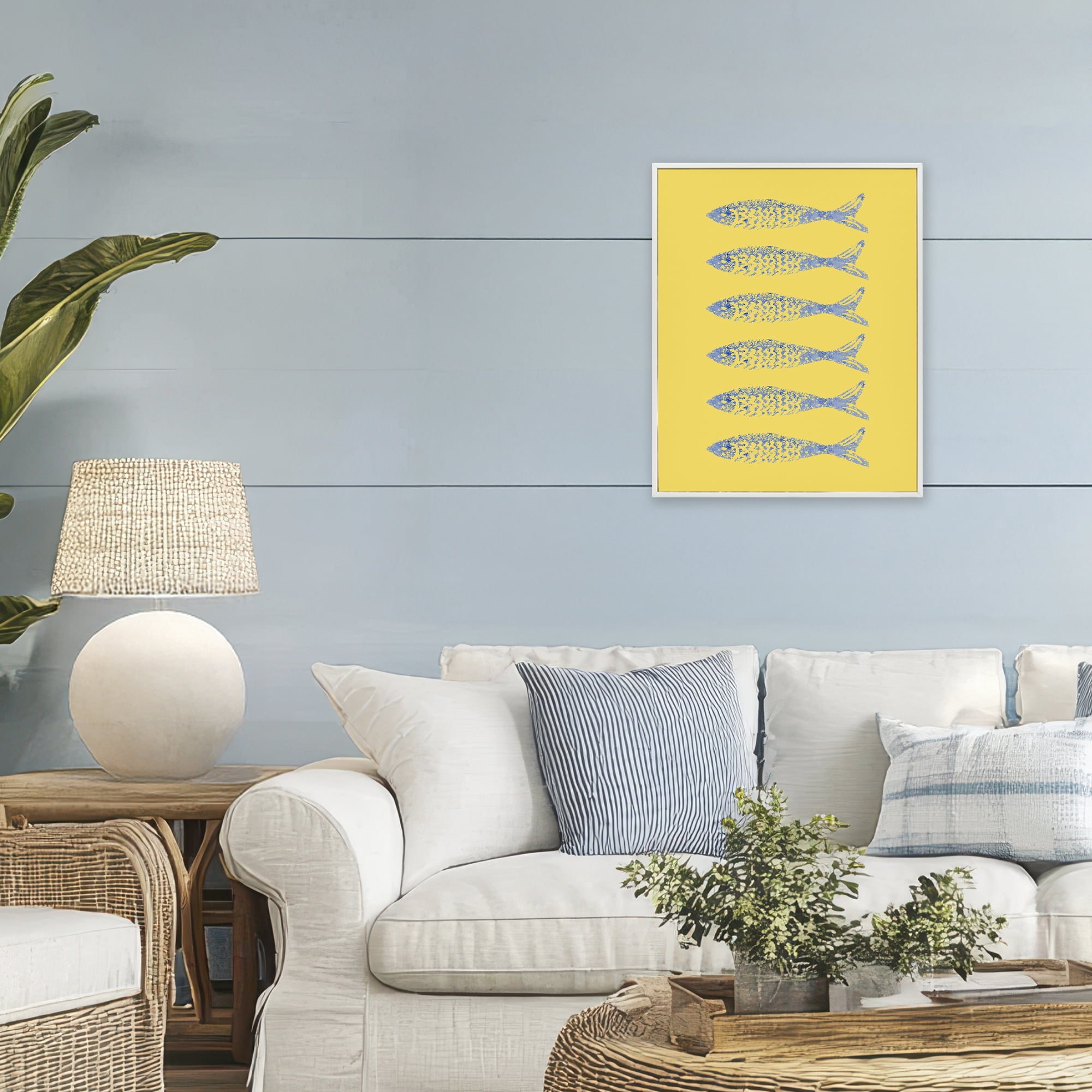Stupell Industries Sardine Stamps on Yellow White Framed Giclee Art, design by Julie DeRice