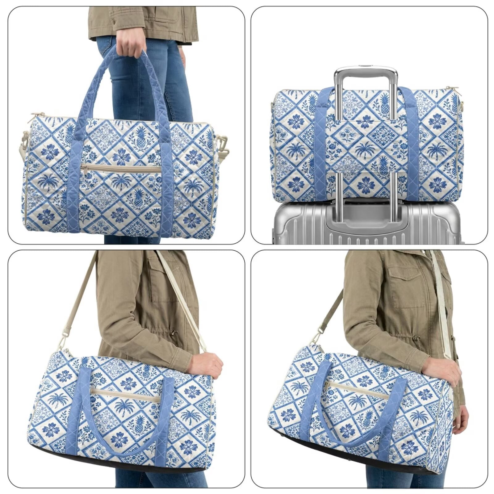 Pzuqiu Blue White Tile Print Quilted Weekender Bag for Women Travel Bags with Multiple Compartments Large Puffy Travel Duffle Tote Lightweight Carry On Overnight Gym Bag