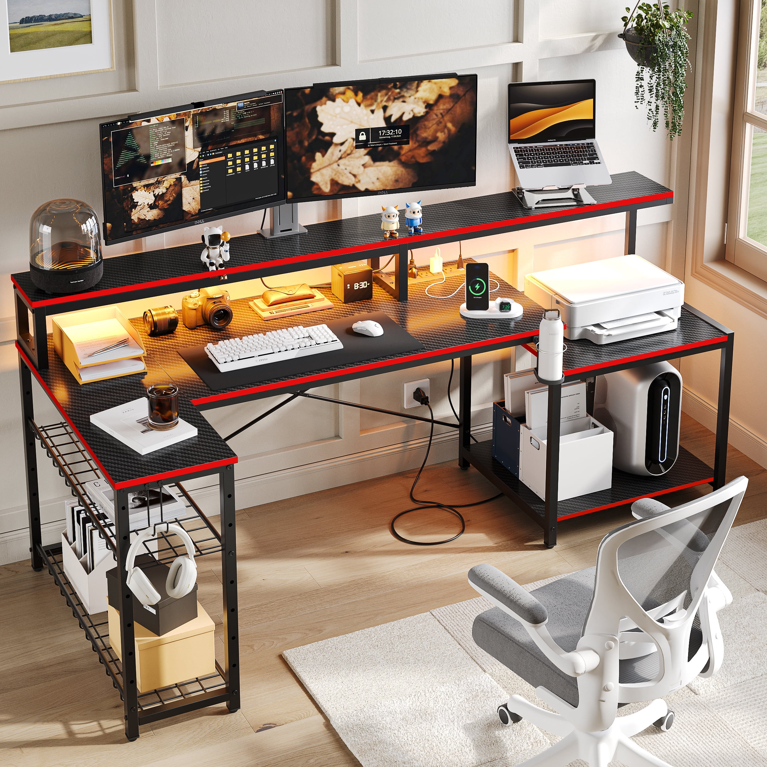 Bestier 71 inch L-Shaped Gaming Desk with Power Outlets LED Computer Office Table with Monitor Stand & Storage Shelf in Black Carbon Fiber