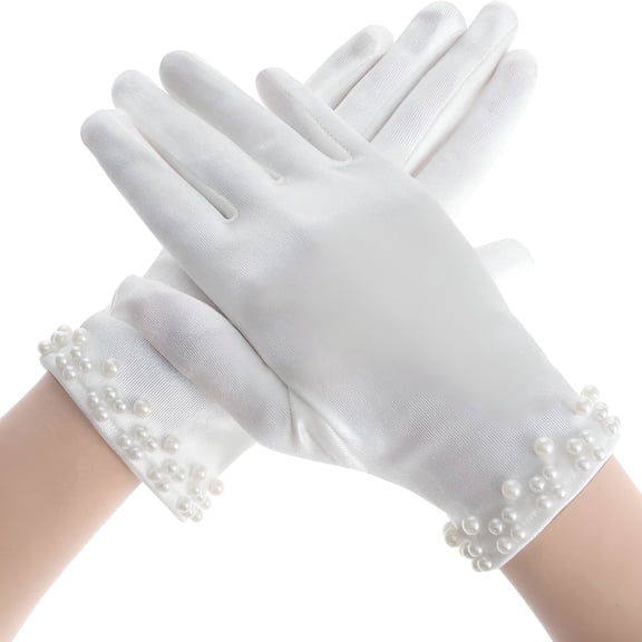TELOLY White Satin Gloves-Women'S Pearl Wedding&Tea Party Gloves for 1920S Fashion